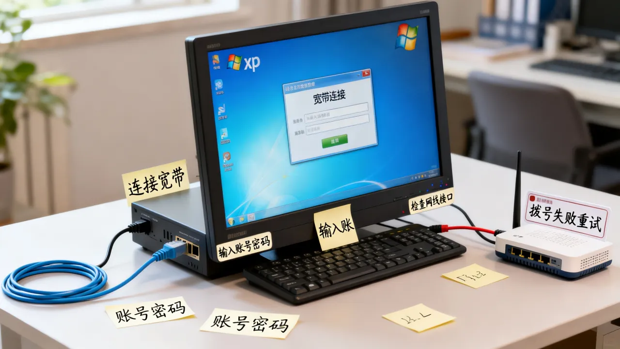 xp系统电脑如何连宽带连接网络连接服务器，拨号上网失败怎么解决