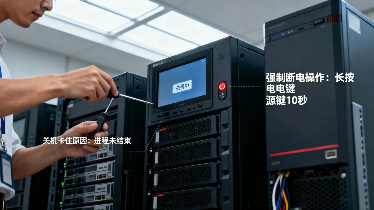 为什么服务器关机不了，服务器关机卡住强制断电怎么解决