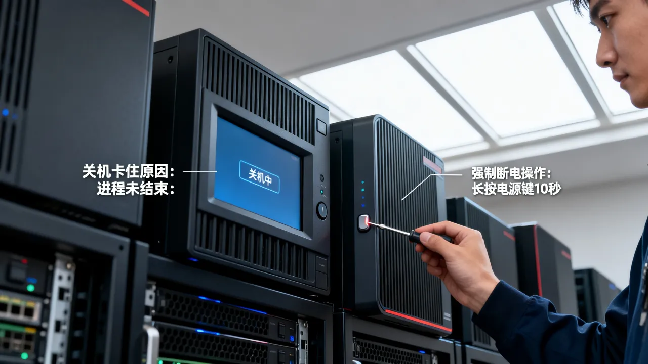 为什么服务器关机不了，服务器关机卡住强制断电怎么解决