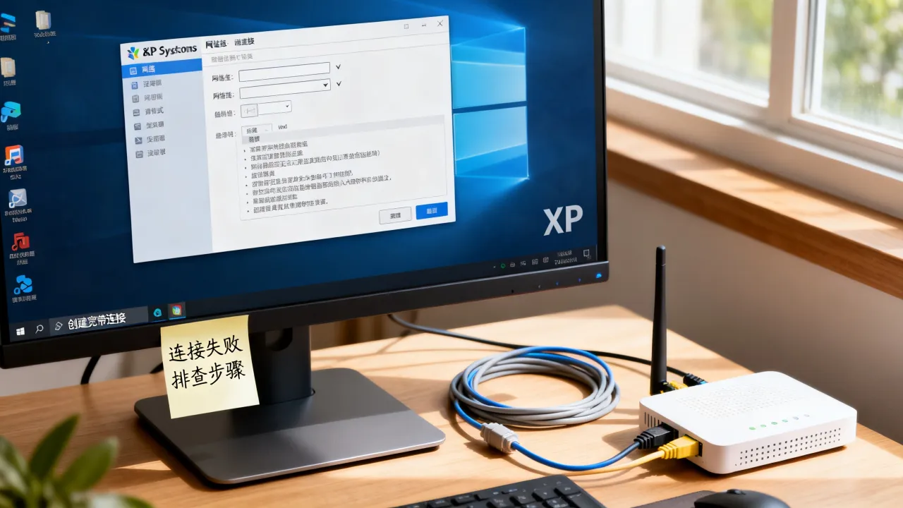 xp电脑怎么创建宽带连接服务器，连接失败怎么办？