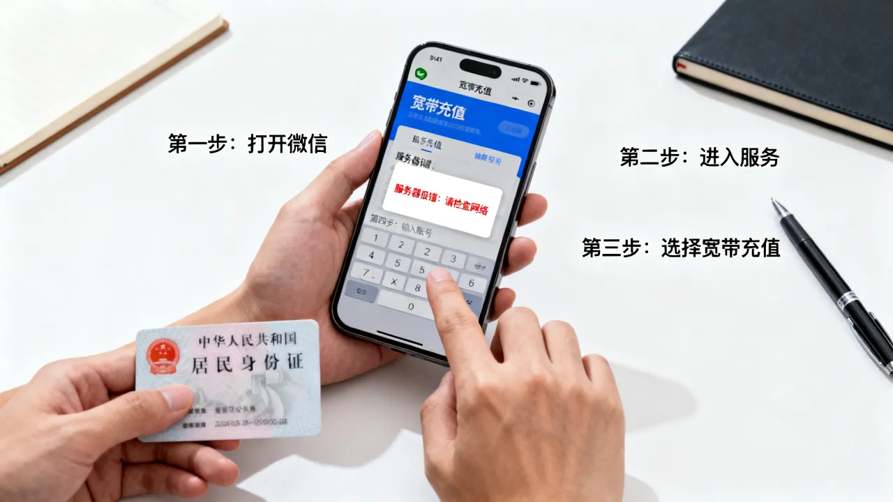 电信微信充宽带怎么操作呢？，服务器报错怎么解决