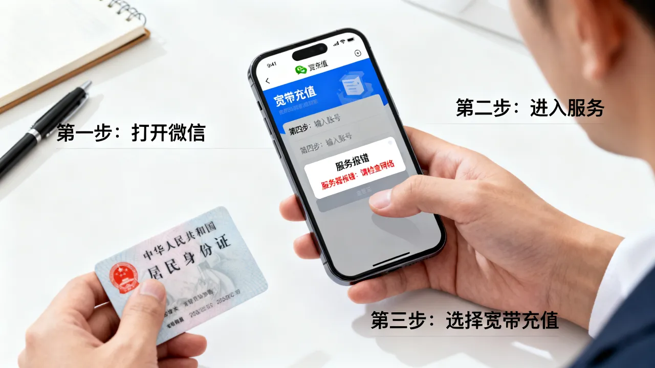 电信微信充宽带怎么操作呢？，服务器报错怎么解决