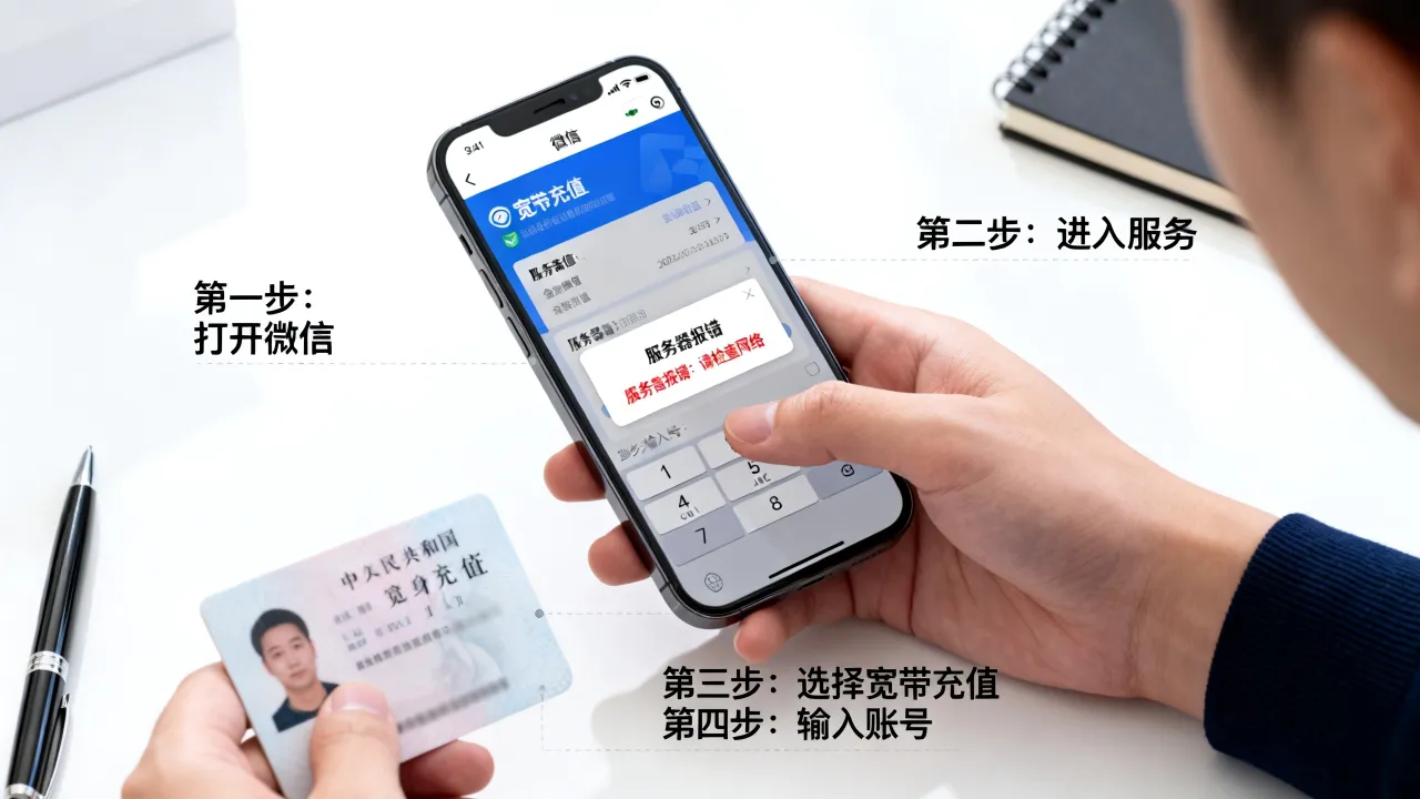 电信微信充宽带怎么操作呢？，服务器报错怎么解决