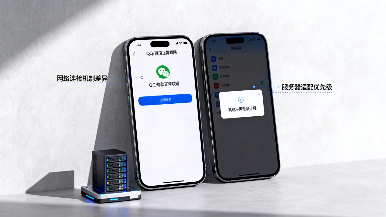 为什么就qq微信能链接网络连接服务器，为什么手机其他应用连不上网
