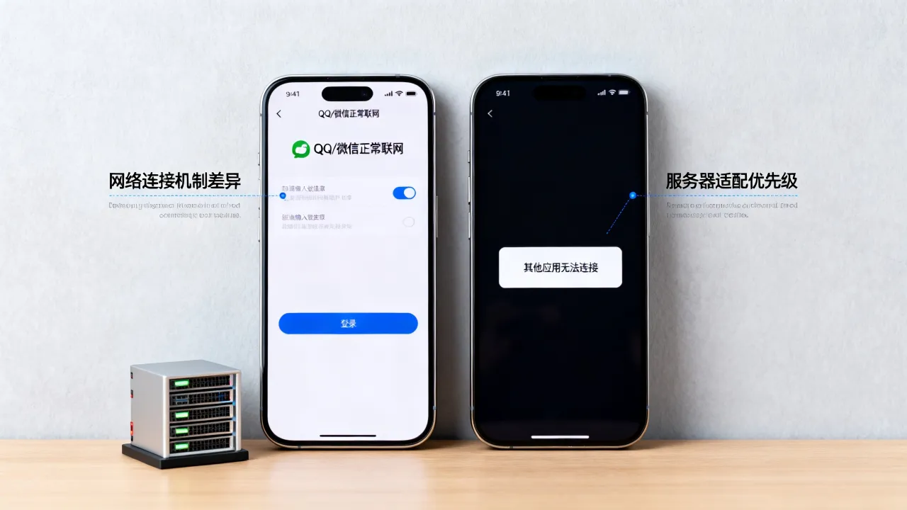 为什么就qq微信能链接网络连接服务器，为什么手机其他应用连不上网